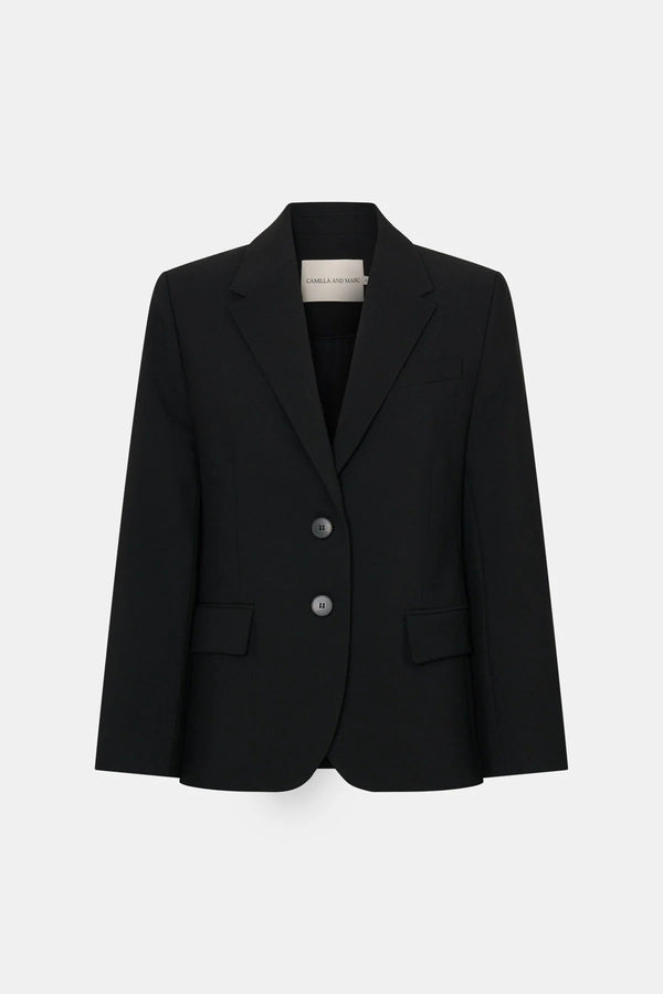 Mackinley Fitted Blazer by Camilla and Marc, a black single-breasted blazer with structured shoulders, slim silhouette, and tailored finish.