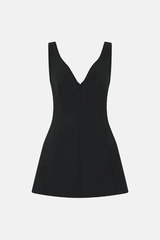 Mackinley Mini Dress in Black by Camilla and Marc, structured mini dress with a flattering V-neckline and sculpted seams, perfect for chic day-to-night styling.