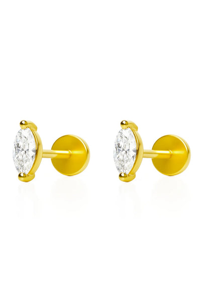 Maeva Stud Earrings Gold by Avant Studio, marquise-cut crystal studs in gold electroplated silver. Perfect for timeless everyday wear.