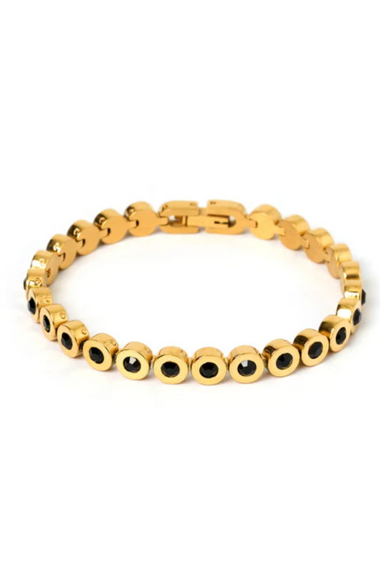 Maeve Gold Bracelet Black by Arms Of Eve – a gold chain bracelet with black zircon stones. Perfect for elevated styling.