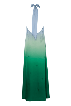 Magia Salvaje Dress Algae by Baobab – Trendy halter maxi with open back, front cutout, and delicate glass bead embellishments, perfect for elegant, breezy summer events.