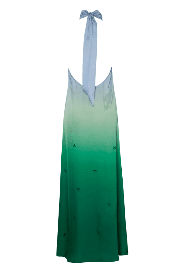Magia Salvaje Dress Algae by Baobab – Trendy halter maxi with open back, front cutout, and delicate glass bead embellishments, perfect for elegant, breezy summer events.