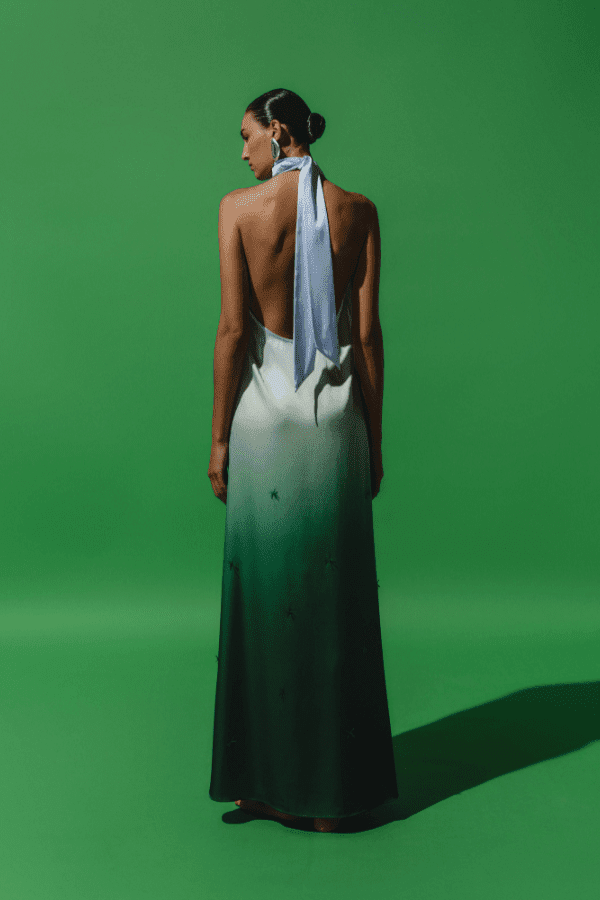 Magia Salvaje Dress Algae by Baobab – Trendy halter maxi with open back, front cutout, and delicate glass bead embellishments, perfect for elegant, breezy summer events.