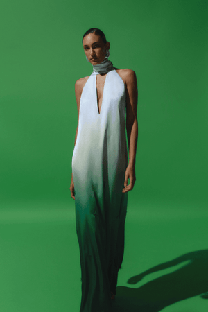 Magia Salvaje Dress Algae by Baobab – Trendy halter maxi with open back, front cutout, and delicate glass bead embellishments, perfect for elegant, breezy summer events.