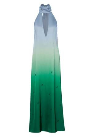 Magia Salvaje Dress Algae by Baobab – Trendy halter maxi with open back, front cutout, and delicate glass bead embellishments, perfect for elegant, breezy summer events.