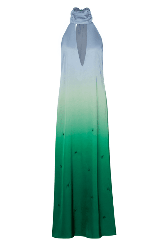 Magia Salvaje Dress Algae by Baobab – Trendy halter maxi with open back, front cutout, and delicate glass bead embellishments, perfect for elegant, breezy summer events.