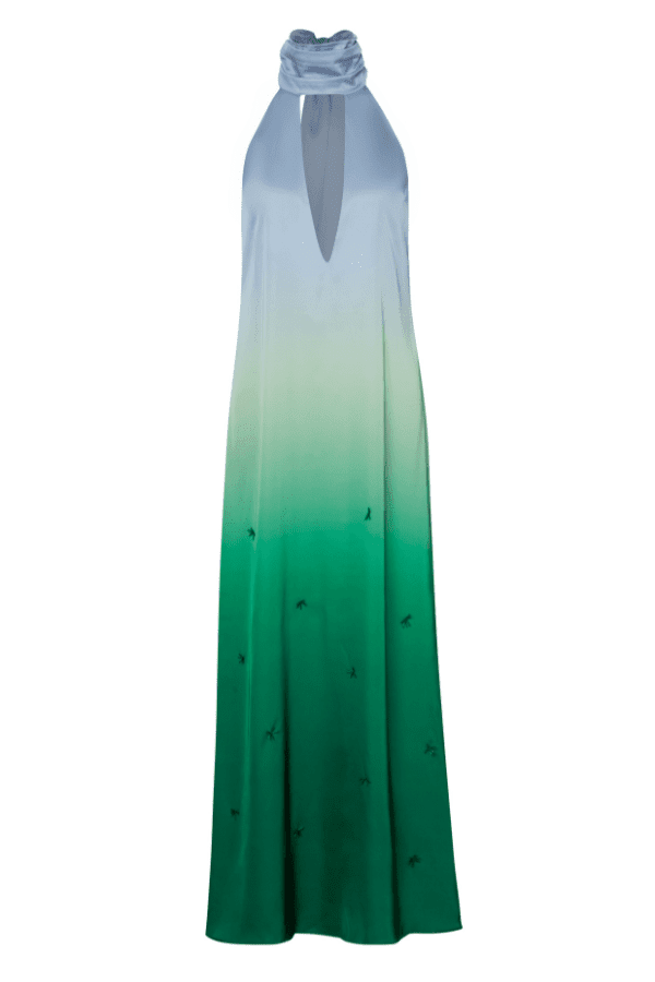Magia Salvaje Dress Algae by Baobab – Trendy halter maxi with open back, front cutout, and delicate glass bead embellishments, perfect for elegant, breezy summer events.