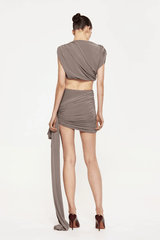 Maise Mini Skirt Nutmeg by Effie Kats, ruched mini skirt with side train detail. Perfect for nights out or statement looks.