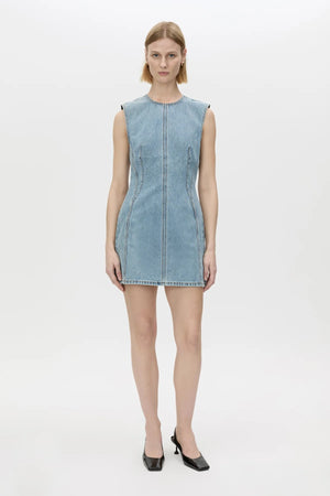 Maja Denim Dress Light Vintage Blue by Camilla and Marc, a structured high-neck denim mini perfect for polished off-duty looks.
