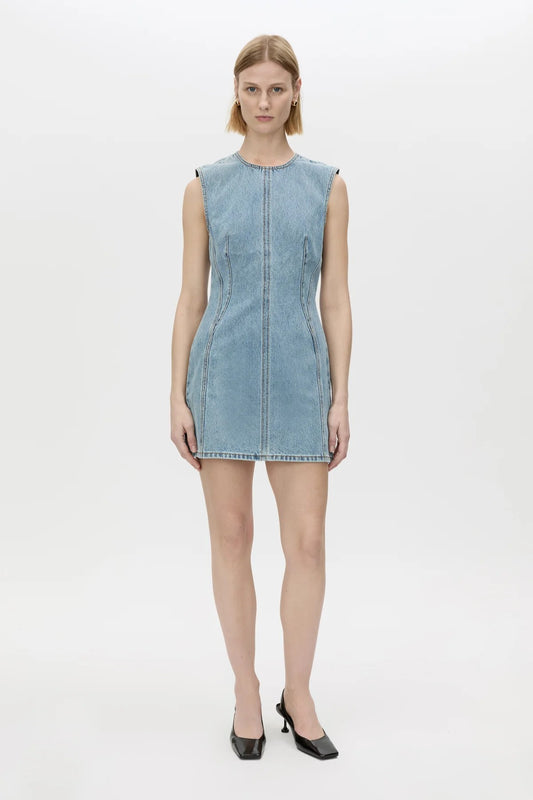 Maja Denim Dress Light Vintage Blue by Camilla and Marc, a structured high-neck denim mini perfect for polished off-duty looks.