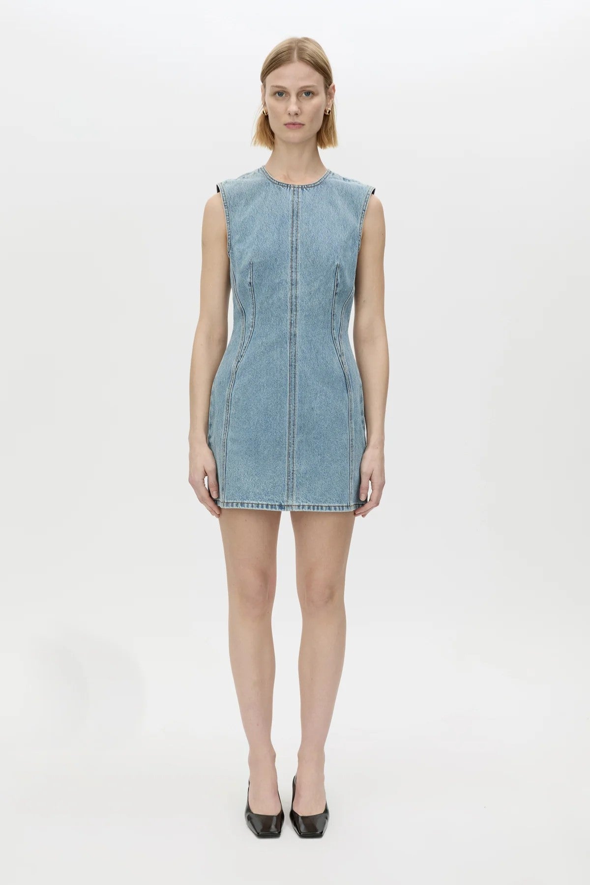 Maja Denim Dress Light Vintage Blue by Camilla and Marc, a structured high-neck denim mini perfect for polished off-duty looks.