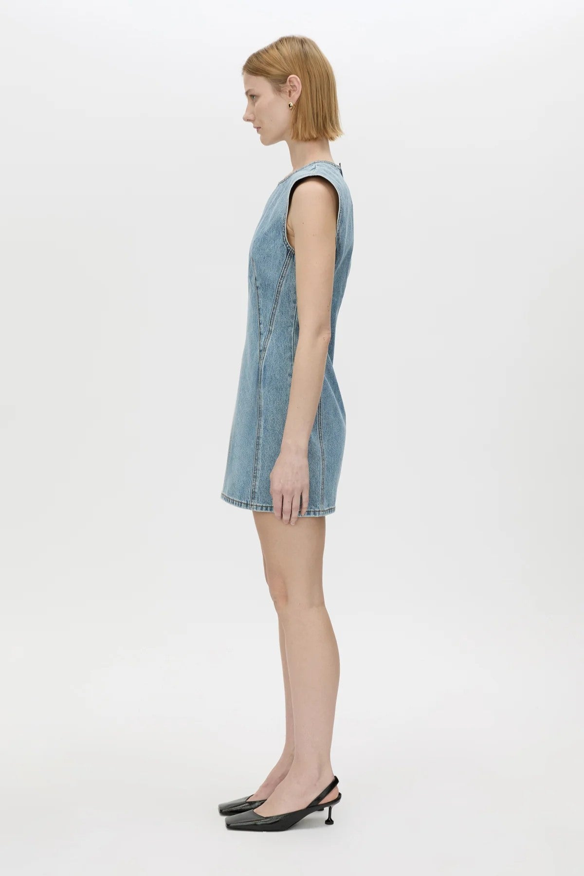 Maja Denim Dress Light Vintage Blue by Camilla and Marc, a structured high-neck denim mini perfect for polished off-duty looks.