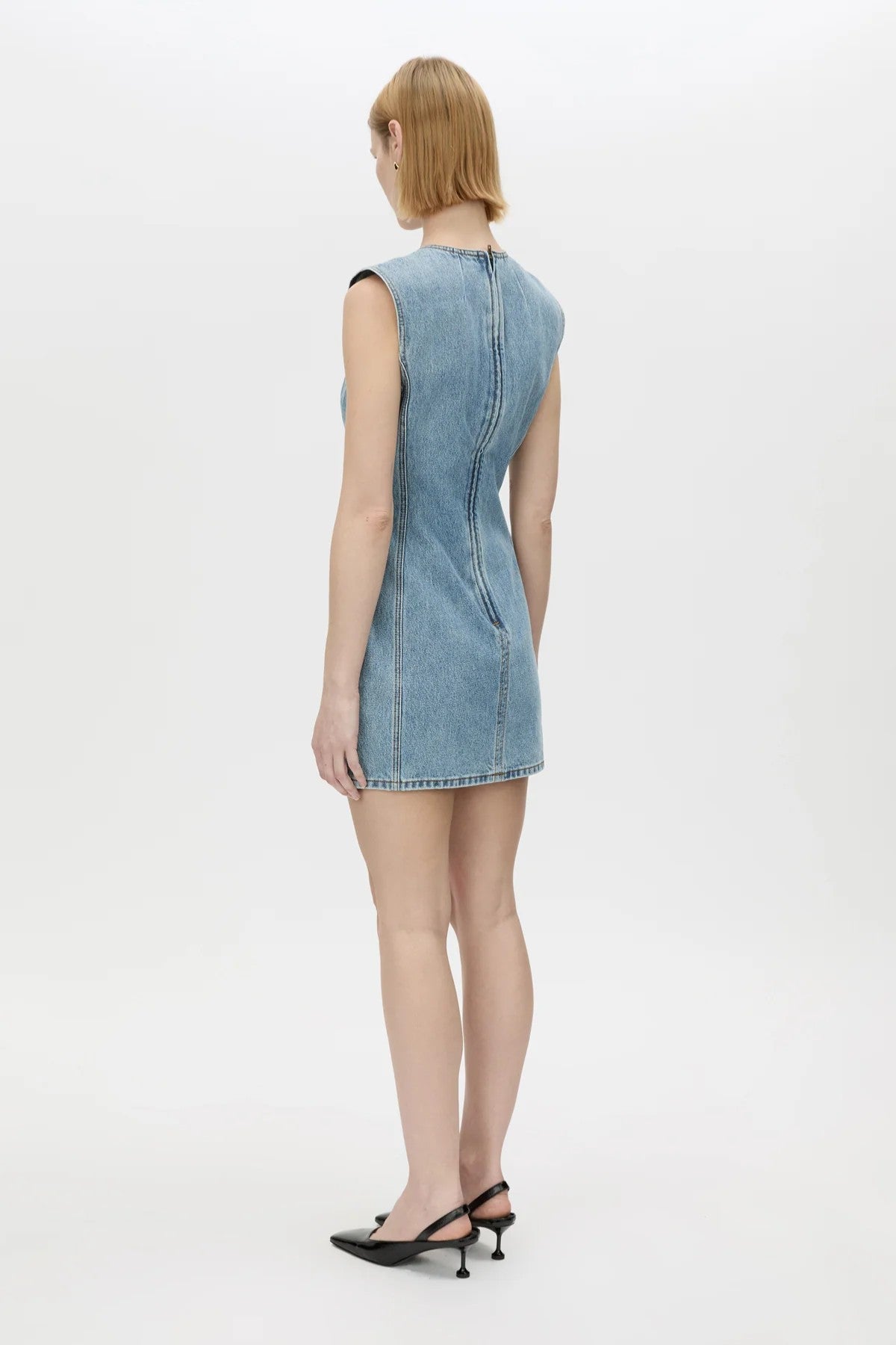 Maja Denim Dress Light Vintage Blue by Camilla and Marc, a structured high-neck denim mini perfect for polished off-duty looks.