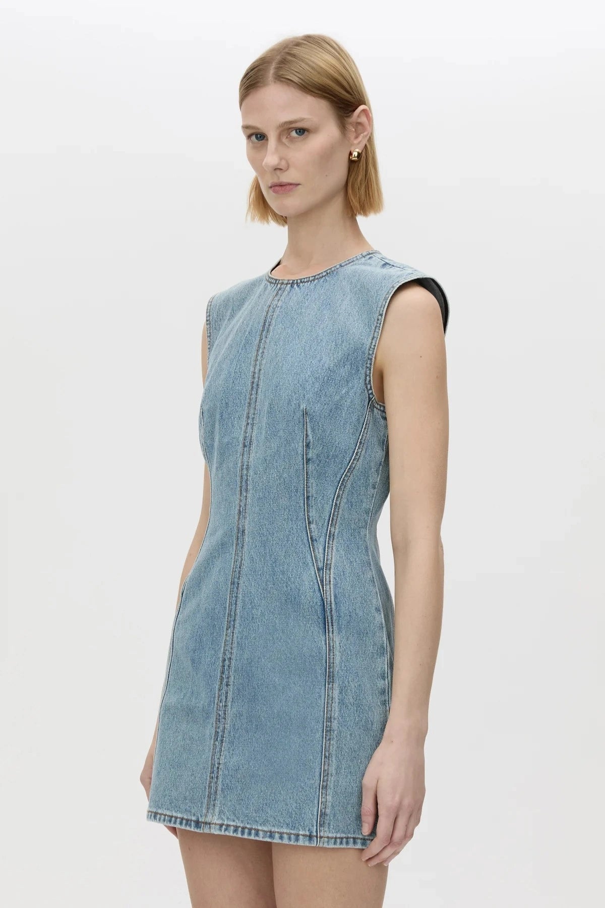 Maja Denim Dress Light Vintage Blue by Camilla and Marc, a structured high-neck denim mini perfect for polished off-duty looks.