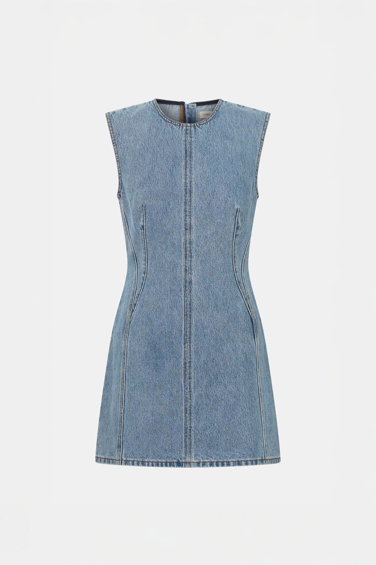 Maja Denim Dress Light Vintage Blue by Camilla and Marc, a structured high-neck denim mini perfect for polished off-duty looks.
