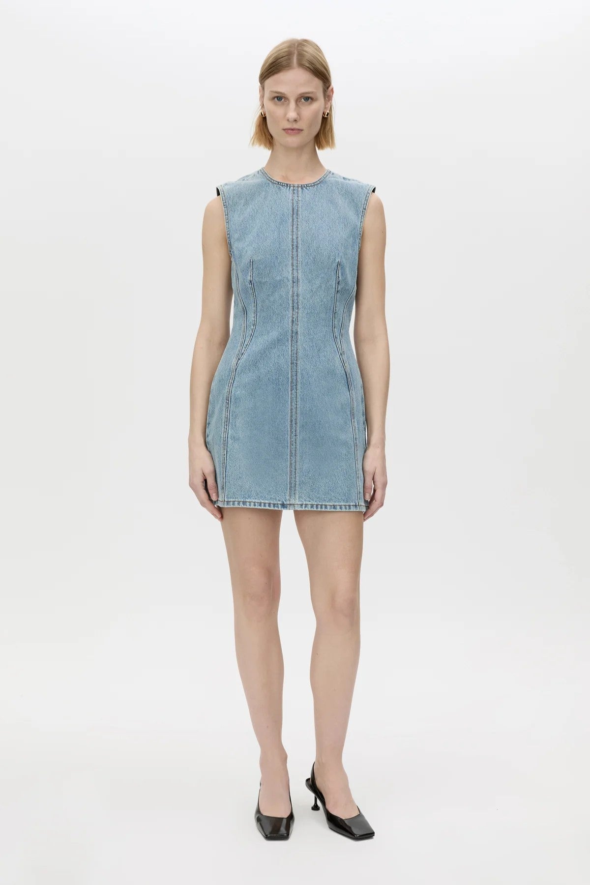Maja Denim Dress Light Vintage Blue by Camilla and Marc, a structured high-neck denim mini perfect for polished off-duty looks.