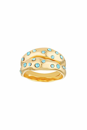 Mali Ring Set Gold Aquamarine by Porter Jewellery – abstract gold vermeil stacking rings with aquamarine cubic zirconia accents.