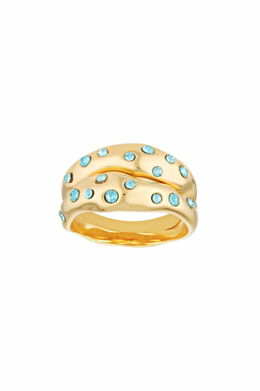 Mali Ring Set Gold Aquamarine by Porter Jewellery – abstract gold vermeil stacking rings with aquamarine cubic zirconia accents.