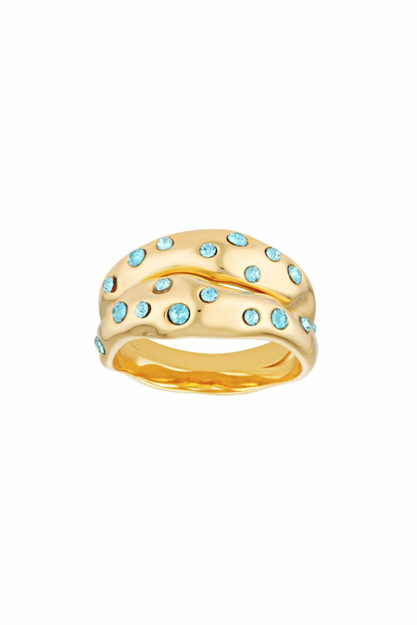 Mali Ring Set Gold Aquamarine by Porter Jewellery – abstract gold vermeil stacking rings with aquamarine cubic zirconia accents.