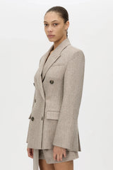 Malik Blazer in Tan Herringbone by Camilla and Marc, a fitted double-breasted blazer with structured shoulders and tailored waist.