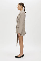 Malik Blazer in Tan Herringbone by Camilla and Marc, a fitted double-breasted blazer with structured shoulders and tailored waist.