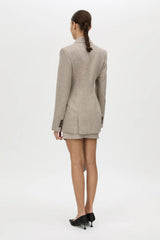 Malik Blazer in Tan Herringbone by Camilla and Marc, a fitted double-breasted blazer with structured shoulders and tailored waist.