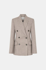 Malik Blazer in Tan Herringbone by Camilla and Marc, a fitted double-breasted blazer with structured shoulders and tailored waist.