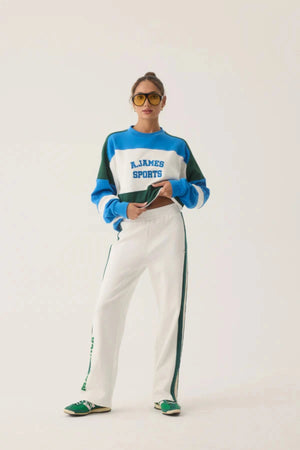 Mallorca Trackpant Snow by Araminta James, cotton knit pants with velour trims and relaxed fit, a trendy piece perfect for laid-back or coordinated styling.