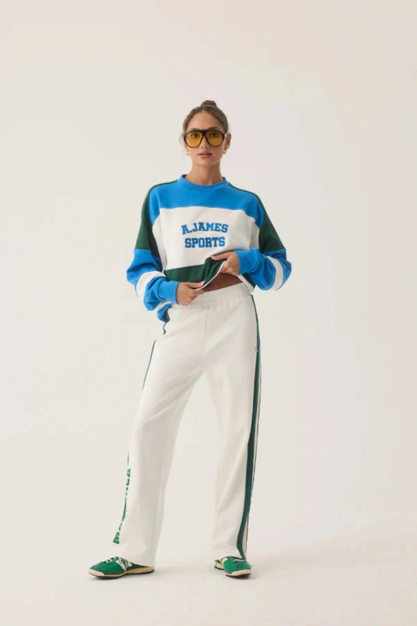 Mallorca Trackpant Snow by Araminta James, cotton knit pants with velour trims and relaxed fit, a trendy piece perfect for laid-back or coordinated styling.