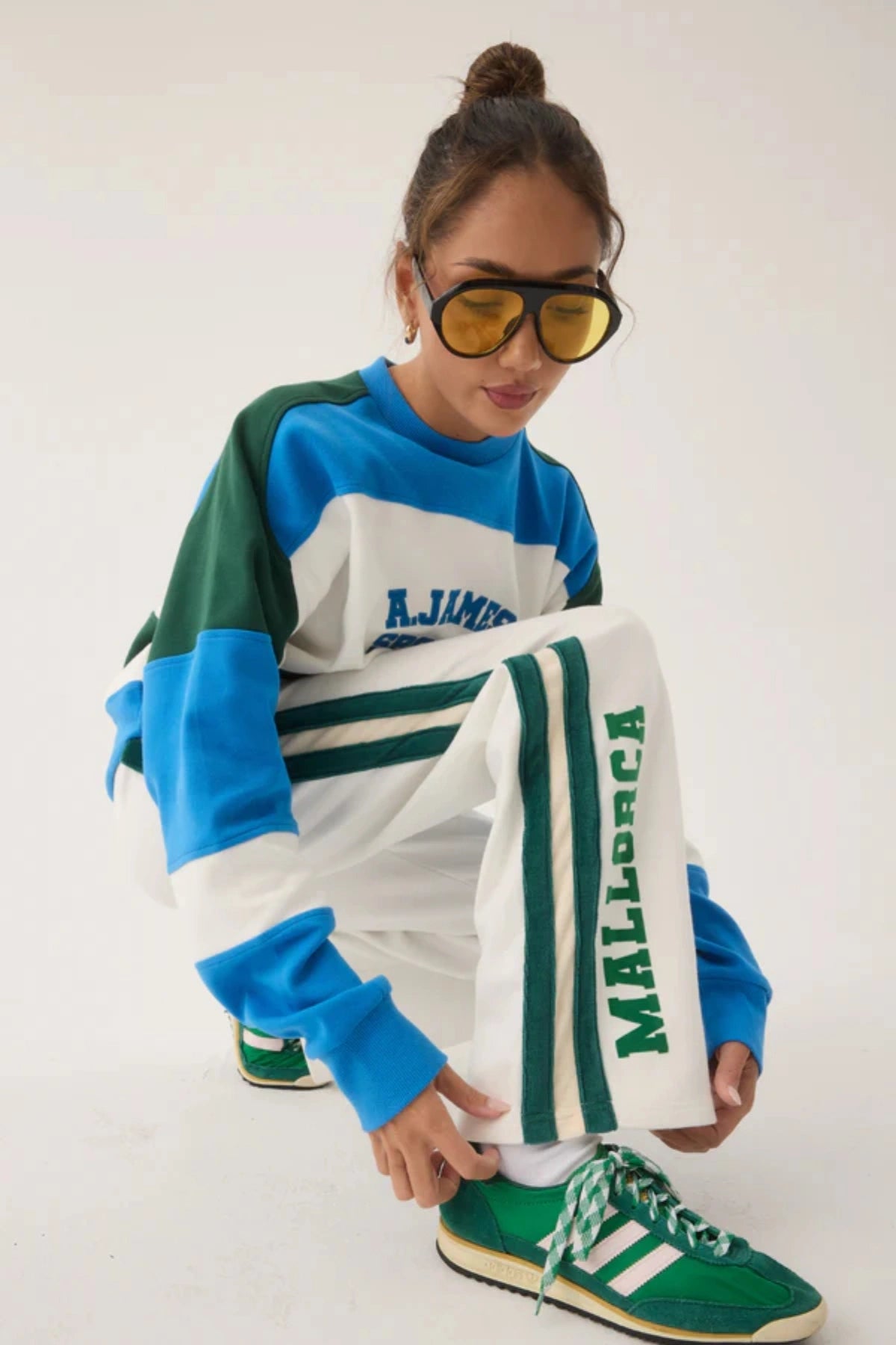 Mallorca Trackpant Snow by Araminta James, cotton knit pants with velour trims and relaxed fit, a trendy piece perfect for laid-back or coordinated styling.