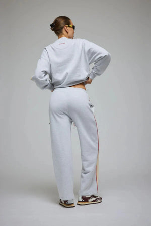 Malta Trackpant Cloud by Araminta James, wide-leg brushed cotton fleece with elastic waistband and side pockets, perfect for relaxed, coordinated resort style.