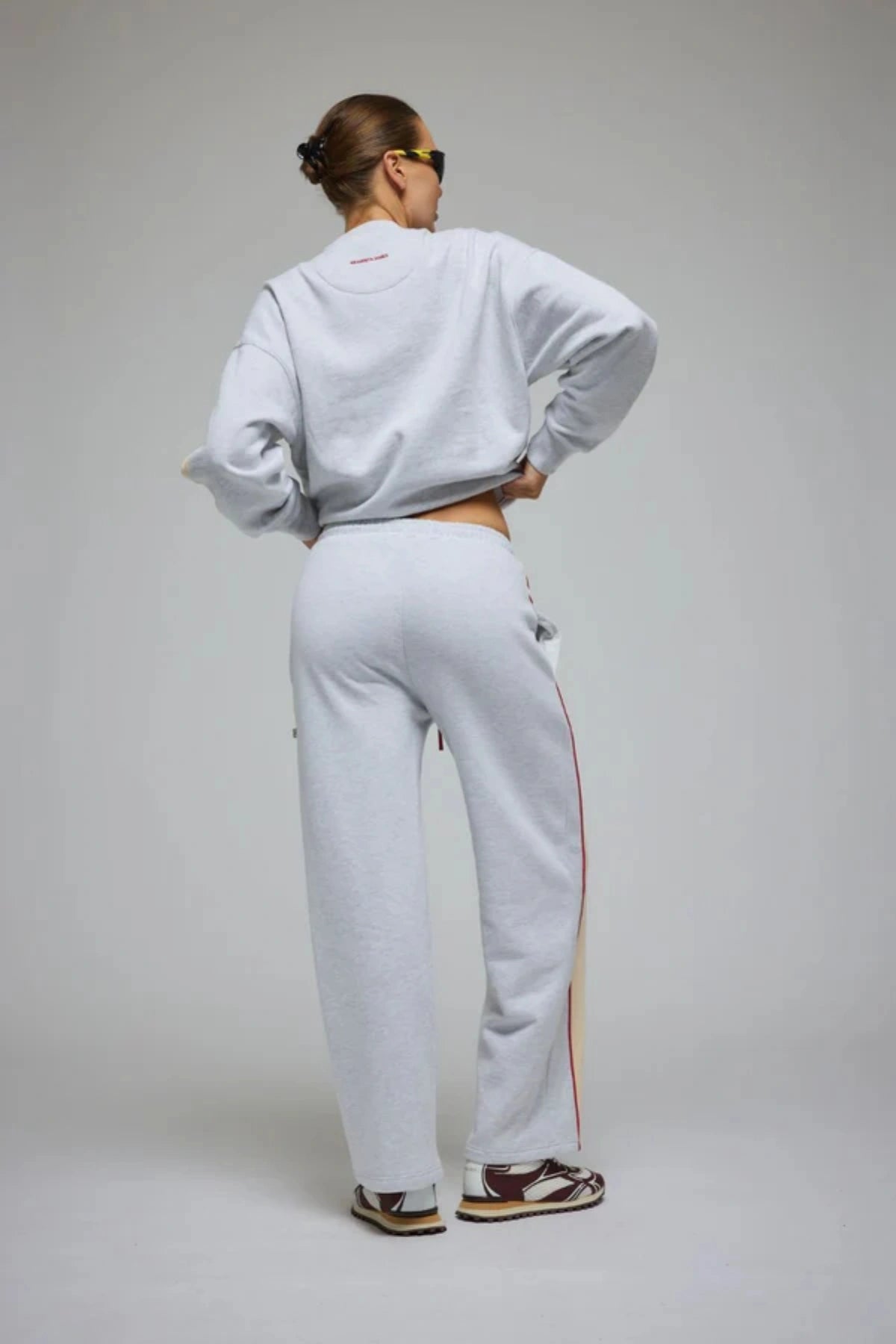 Malta Trackpant Cloud by Araminta James, wide-leg brushed cotton fleece with elastic waistband and side pockets, perfect for relaxed, coordinated resort style.