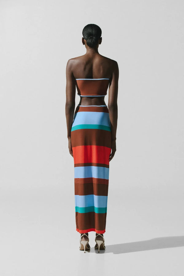 Mambo Maxi Dress Funky Aperol by Baobab, reversible strapless maxi dress with bold cutout detailing.