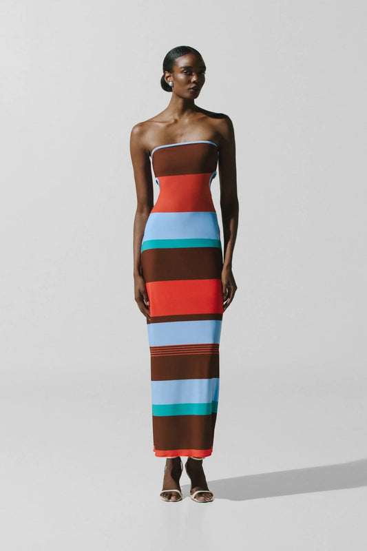 Mambo Maxi Dress Funky Aperol by Baobab, reversible strapless maxi dress with bold cutout detailing