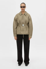 Manon Padded Belted Jacket Clay by camilla and marc – hammered texture belted puffer jacket with utility buckle.