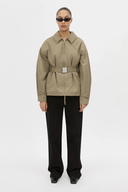 Manon Padded Belted Jacket Clay by camilla and marc – hammered texture belted puffer jacket with utility buckle.