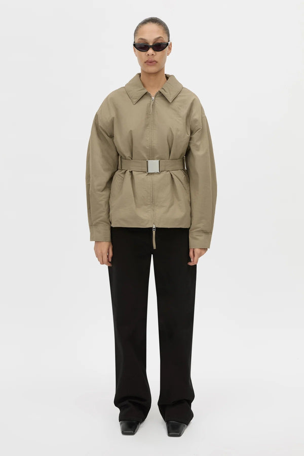 Manon Padded Belted Jacket Clay by camilla and marc – hammered texture belted puffer jacket with utility buckle.