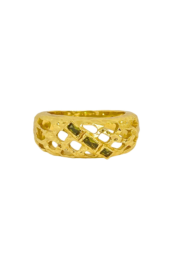 Manon Ring Gold by Mountain and Moon – 18K gold plated ring with olive cubic zirconia lattice band.