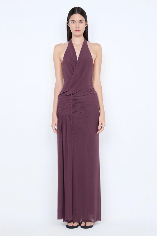 Marabou Halter Maxi Dress Aubergine by Bec + Bridge, halter maxi dress with ruched waist and draped silhouette. Perfect for formal events or evening occasions.