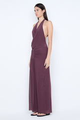 Marabou Halter Maxi Dress Aubergine by Bec + Bridge, halter maxi dress with ruched waist and draped silhouette. Perfect for formal events or evening occasions.