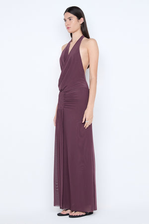 Marabou Halter Maxi Dress Aubergine by Bec + Bridge, halter maxi dress with ruched waist and draped silhouette. Perfect for formal events or evening occasions.