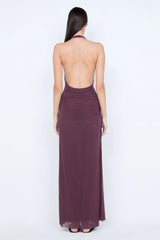 Marabou Halter Maxi Dress Aubergine by Bec + Bridge, halter maxi dress with ruched waist and draped silhouette. Perfect for formal events or evening occasions.