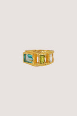 Maral Ring in Gold by Mountain & Moon, 18K gold plated double-band ring with aquamarine, peridot, and white CZ stones.