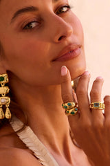 Maral Ring in Gold by Mountain & Moon, 18K gold plated double-band ring with aquamarine, peridot, and white CZ stones.