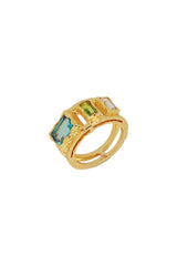 Maral Ring in Gold by Mountain & Moon, 18K gold plated double-band ring with aquamarine, peridot, and white CZ stones.
