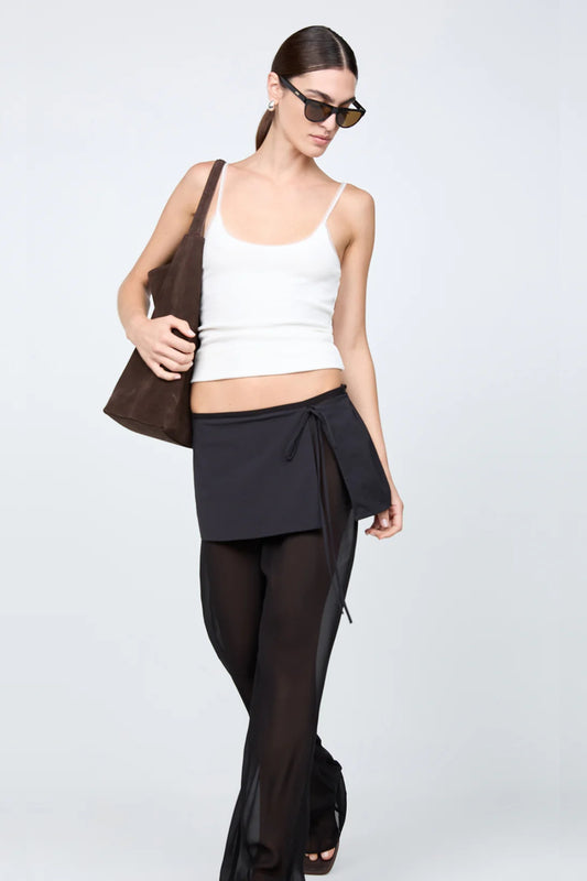 Maralia Overlay Pant by Bec + Bridge, a sheer georgette pant with contrast mini skirt overlay and tie waist for sleek, fashion-forward elegance.