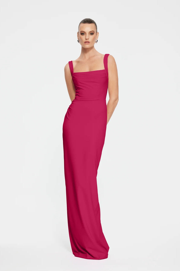 Marbella Gown in Raspberry by Effie Kats – bustier-inspired gown in stretch crepe with ruching. Perfect for weddings or evening wear.