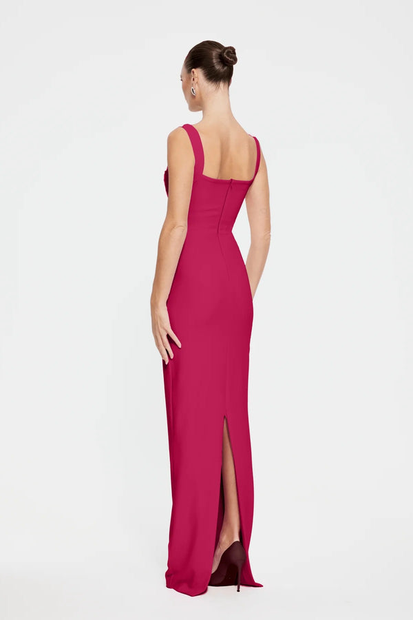 Marbella Gown in Raspberry by Effie Kats – bustier-inspired gown in stretch crepe with ruching. Perfect for weddings or evening wear.