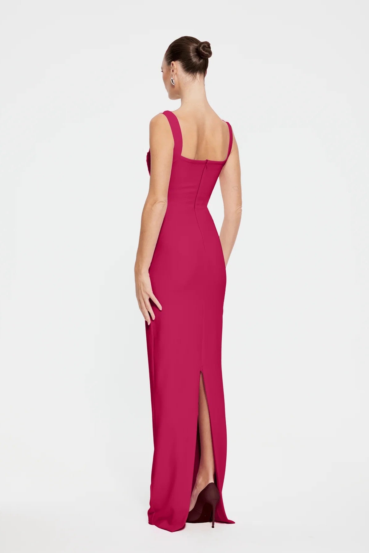 Marbella Gown in Raspberry by Effie Kats – bustier-inspired gown in stretch crepe with ruching. Perfect for weddings or evening wear.