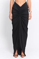 Marcellus Skirt Black by Pfeiffer, ruched maxi skirt with adjustable front detail. Perfect for beach to bar outfits or evening looks.